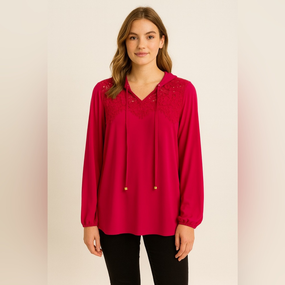 Anne Klein Women’s Pink Peacock Lace Detail Gathered Sleeve Blouse